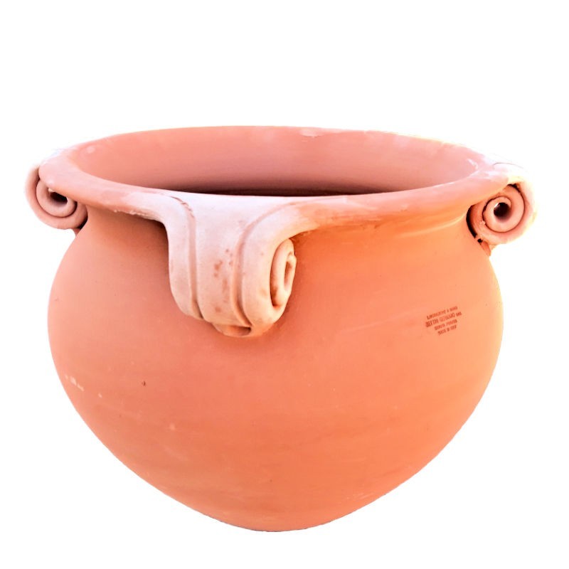 Grande fioriera tonda terracotta riccioli forati lavorata a mano