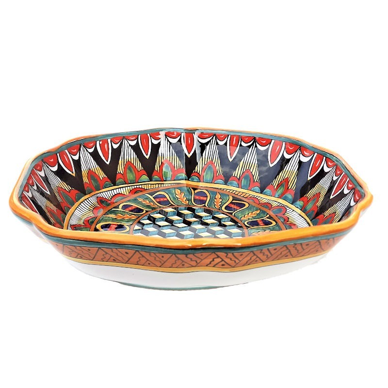 Oval legume tray majolica ceramic Deruta geometric cubes