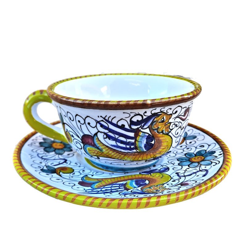 Tazza te con piatto ceramica maiolica Deruta raffaellesco