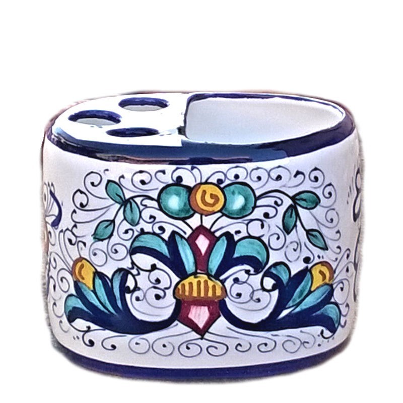 Portaspazzolini e dentifricio ovale ceramica maiolica Deruta ricco Deruta blu